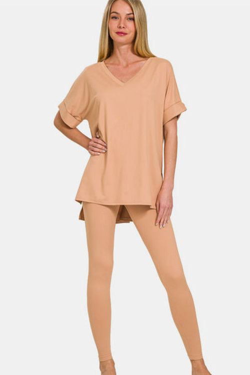 Zenana Full Size V-Neck Rolled Short Sleeve T-Shirt and Leggings