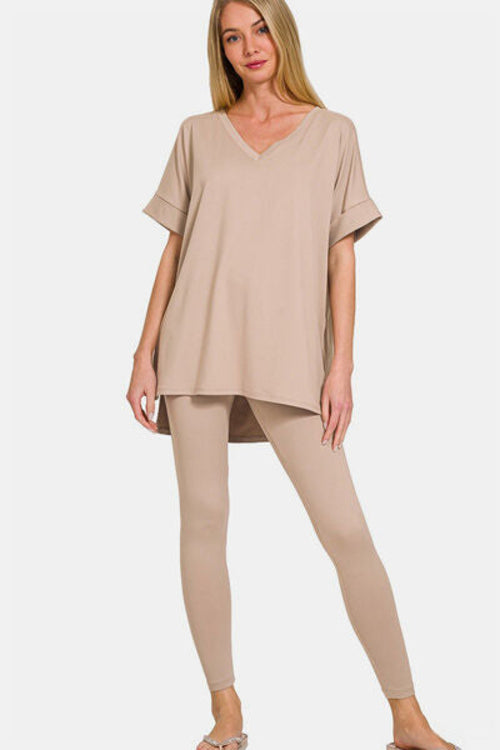 Zenana Full Size V-Neck Rolled Short Sleeve T-Shirt and Leggings