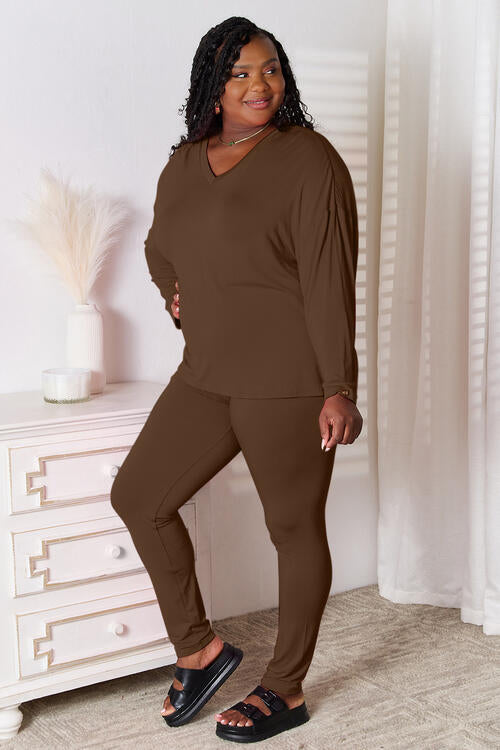 Basic Bae Full Size V-Neck Soft Rayon Long Sleeve Top and Pants Lounge