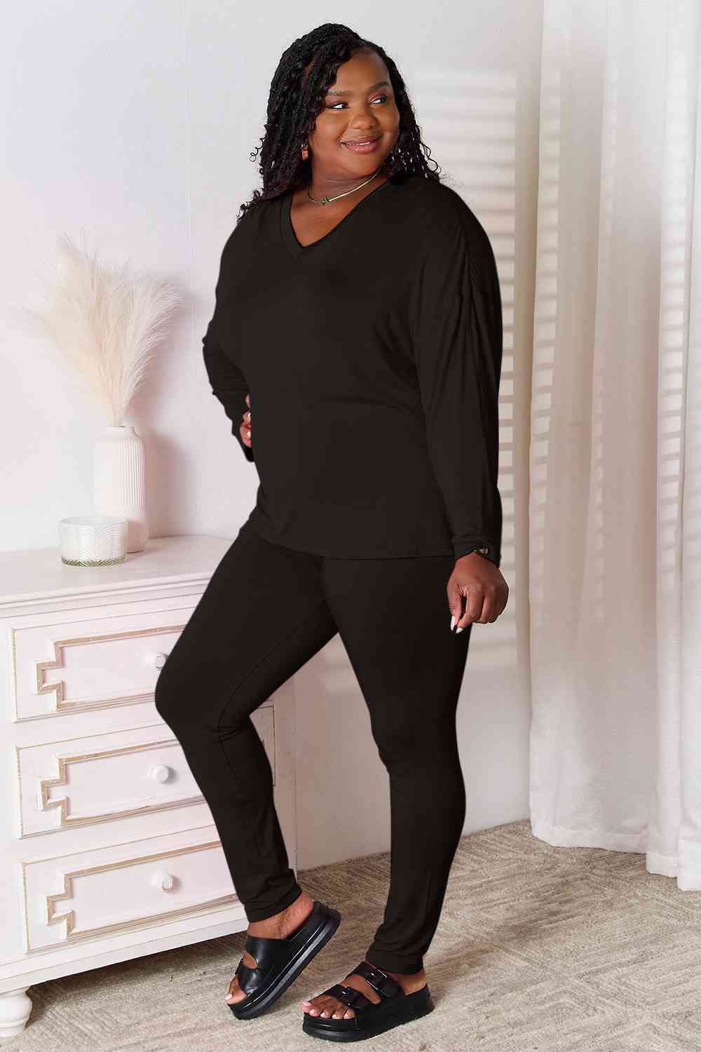 Basic Bae Full Size V-Neck Soft Rayon Long Sleeve Top and Pants Lounge