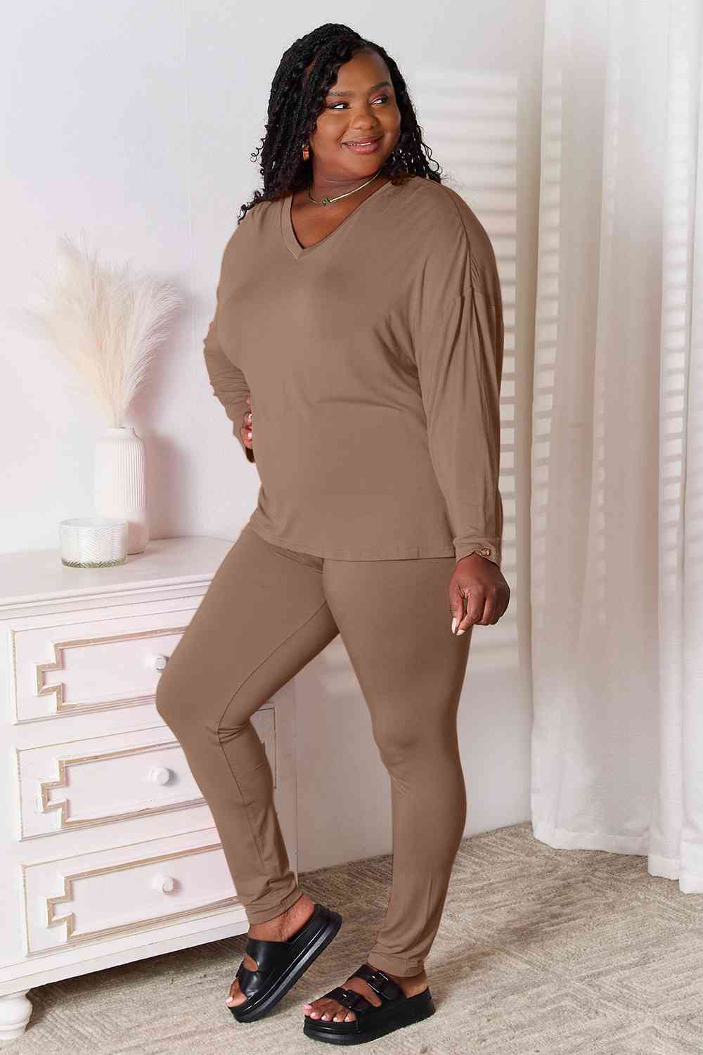 Basic Bae Full Size V-Neck Soft Rayon Long Sleeve Top and Pants Lounge