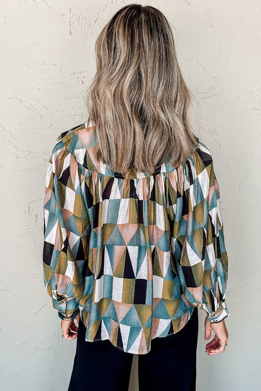 Print Buttoned Balloon Sleeve Loose Fit Shirt