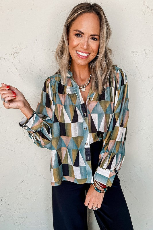 Print Buttoned Balloon Sleeve Loose Fit Shirt