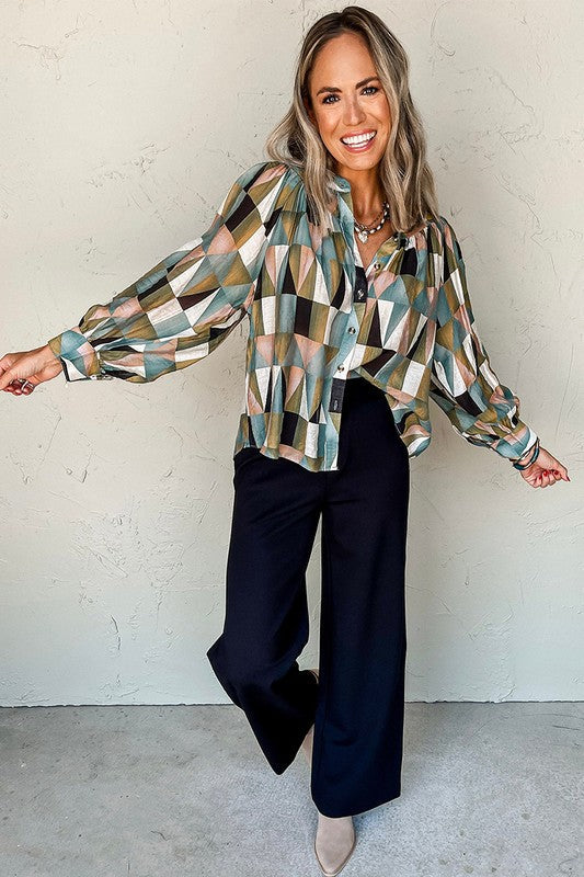 Print Buttoned Balloon Sleeve Loose Fit Shirt