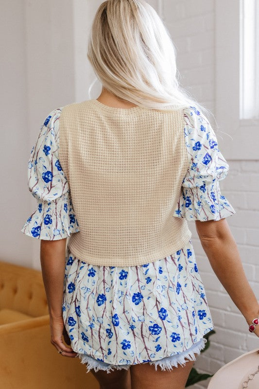 Patchwork Short Flounce Sleeve Peplum Blouse