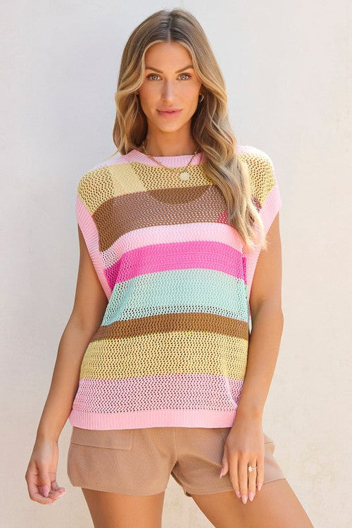 Jamie Stripe Crochet Cap Sleeve Loose Fit Sweater