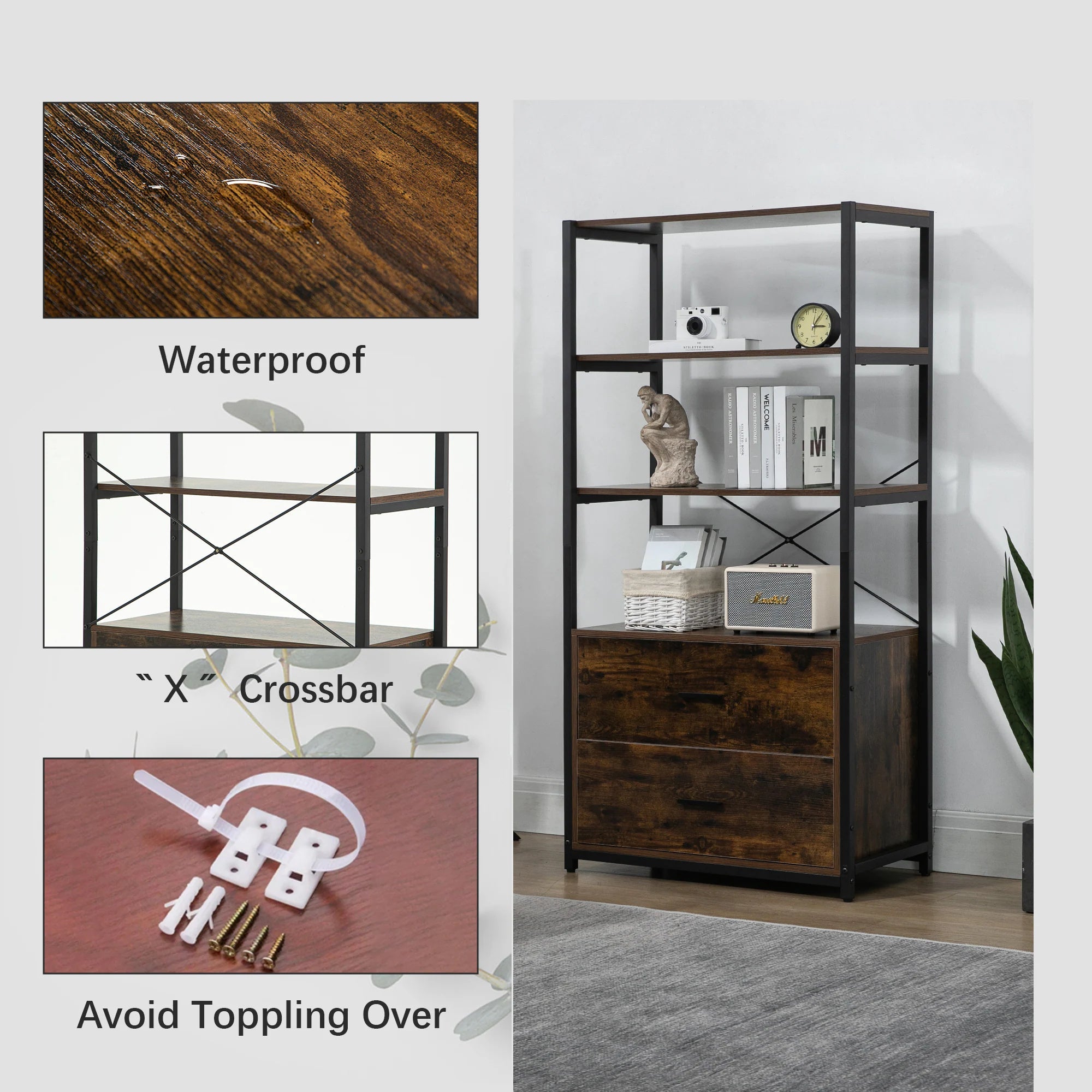 Industrial Bookcase With File Cabinet Drawers, 62.7 In Tall Bookshelf