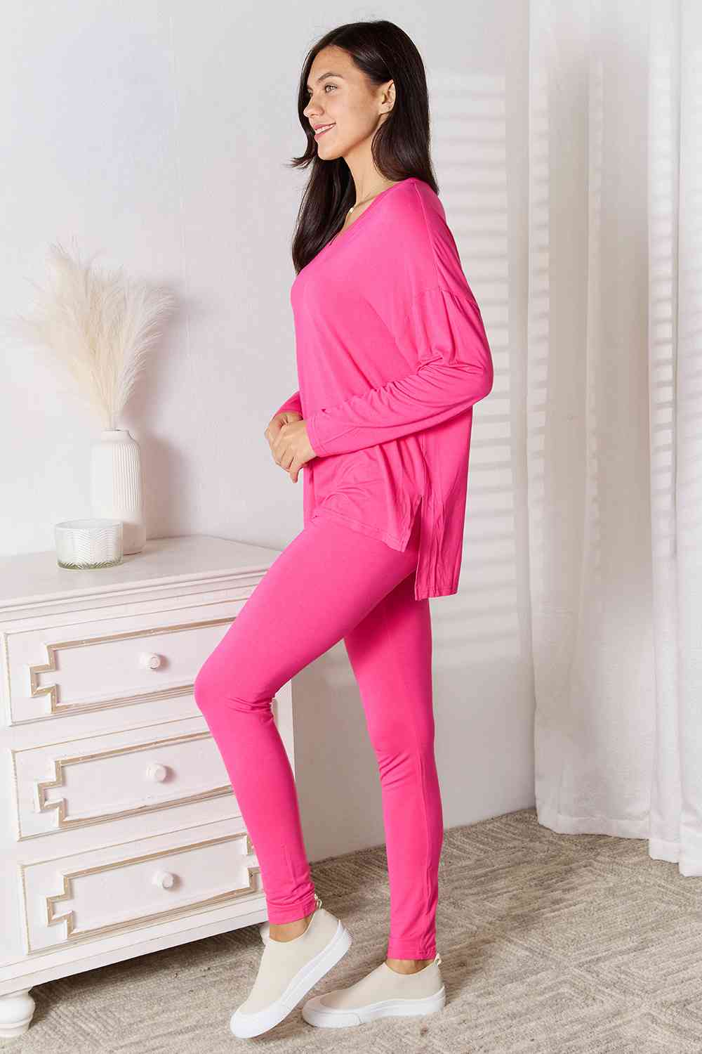 Basic Bae Full Size V-Neck Soft Rayon Long Sleeve Top and Pants Lounge