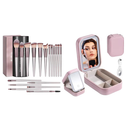 Makeup Brushes With Case Set Portable LED Mirror Makeup Jewelry