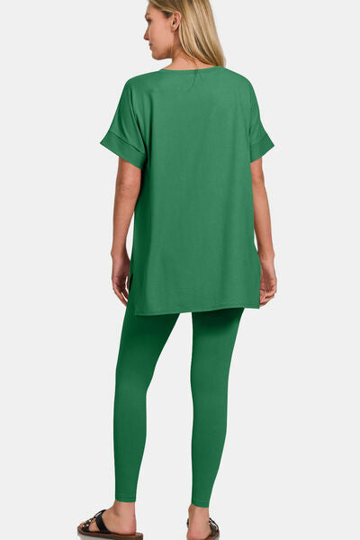 Zenana Full Size V-Neck Rolled Short Sleeve T-Shirt and Leggings