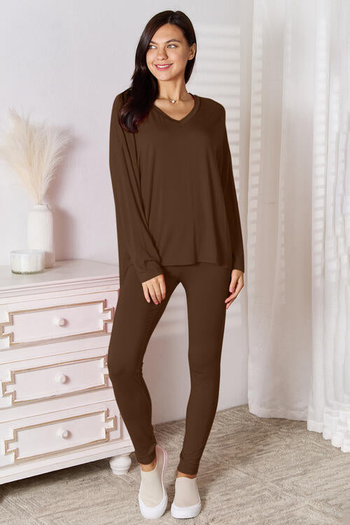 Basic Bae Full Size V-Neck Soft Rayon Long Sleeve Top and Pants Lounge