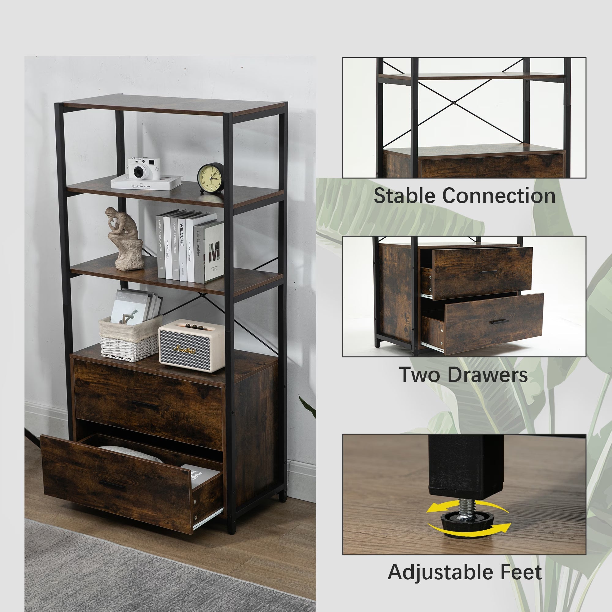 Industrial Bookcase With File Cabinet Drawers, 62.7 In Tall Bookshelf