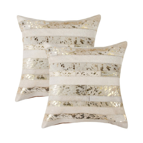 Set of Two 18" Natural and Gold Striped Cowhide Throw Pillows with
