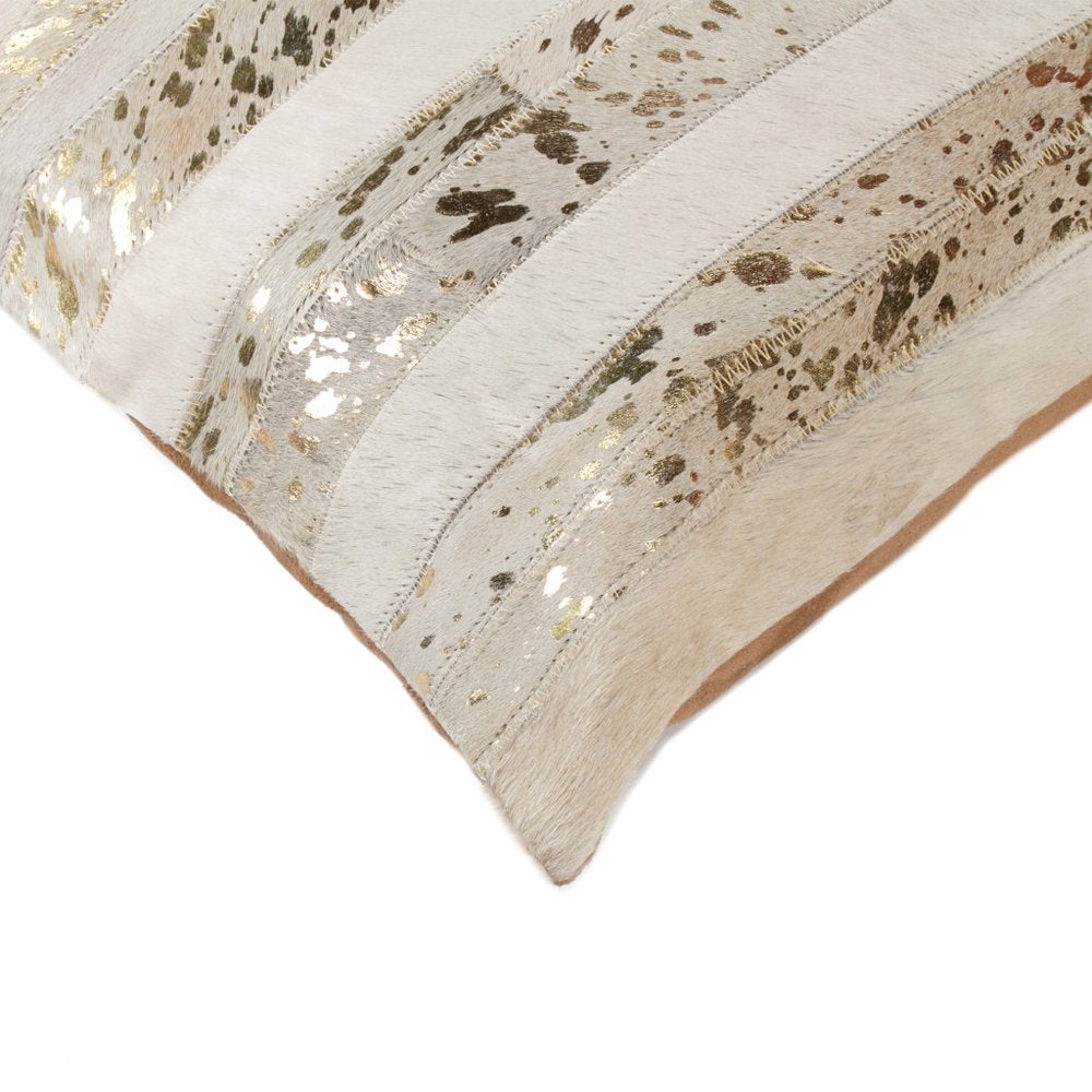 Set of Two 18" Natural and Gold Striped Cowhide Throw Pillows with