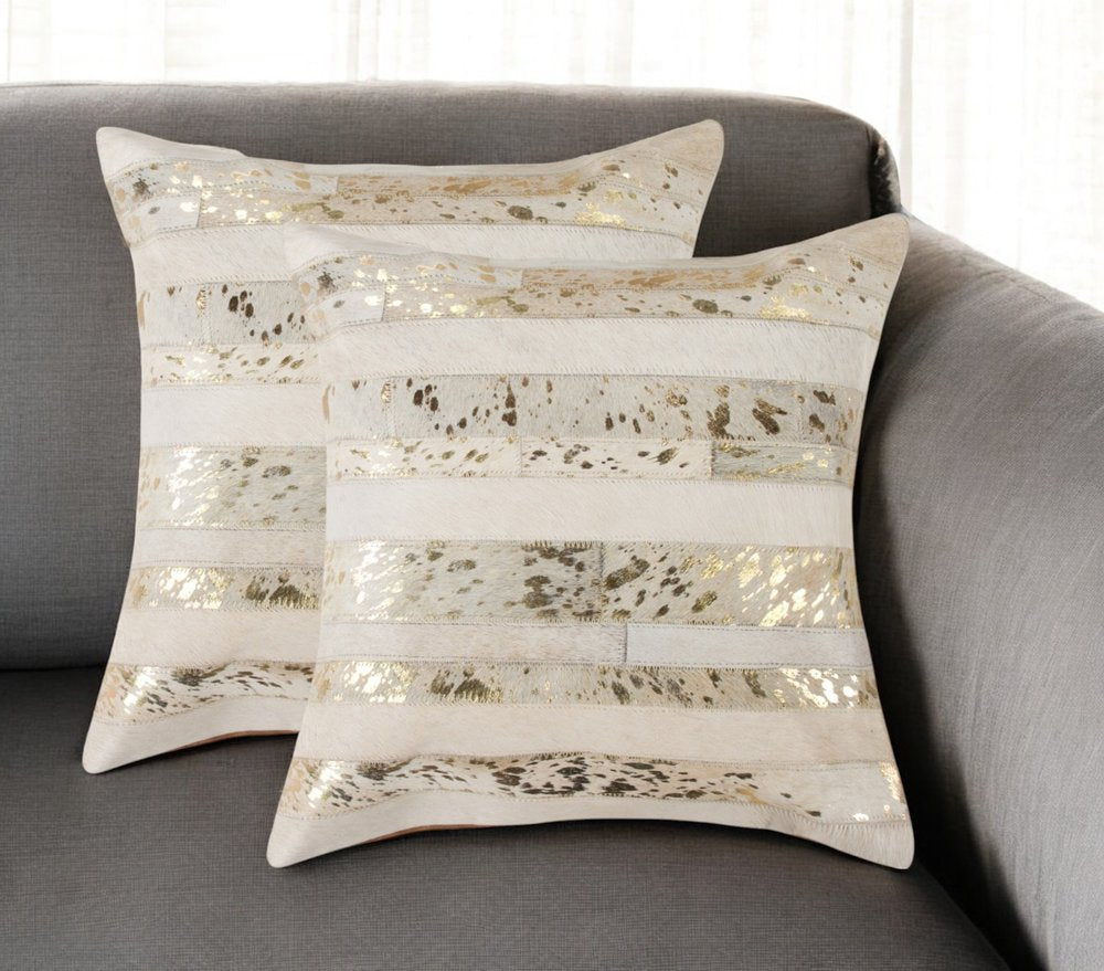 Set of Two 18" Natural and Gold Striped Cowhide Throw Pillows with