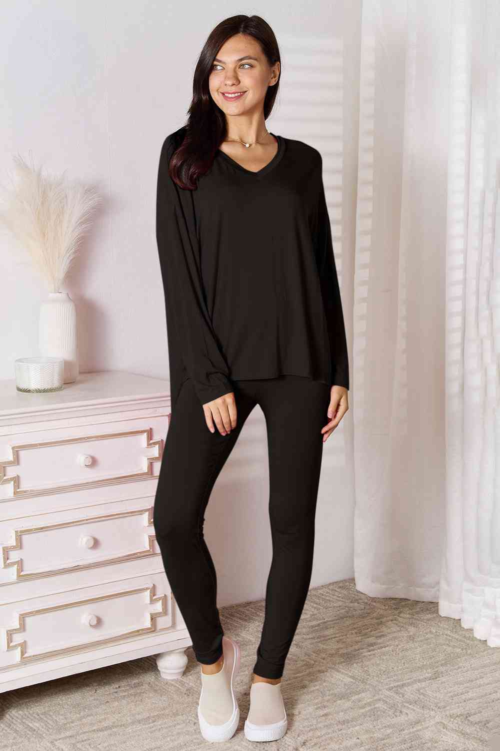 Basic Bae Full Size V-Neck Soft Rayon Long Sleeve Top and Pants Lounge