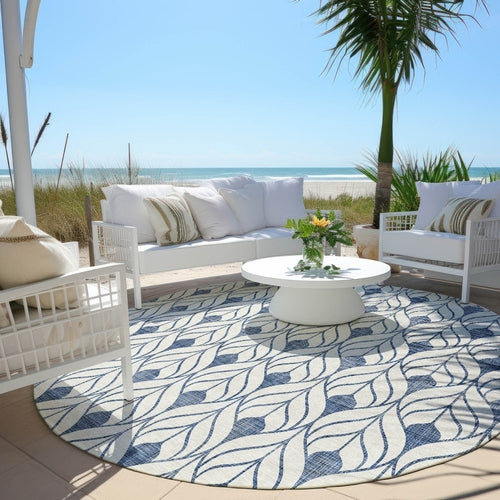 3' X 5' Blue And Ivory Geometric Washable Indoor Outdoor Area Rug