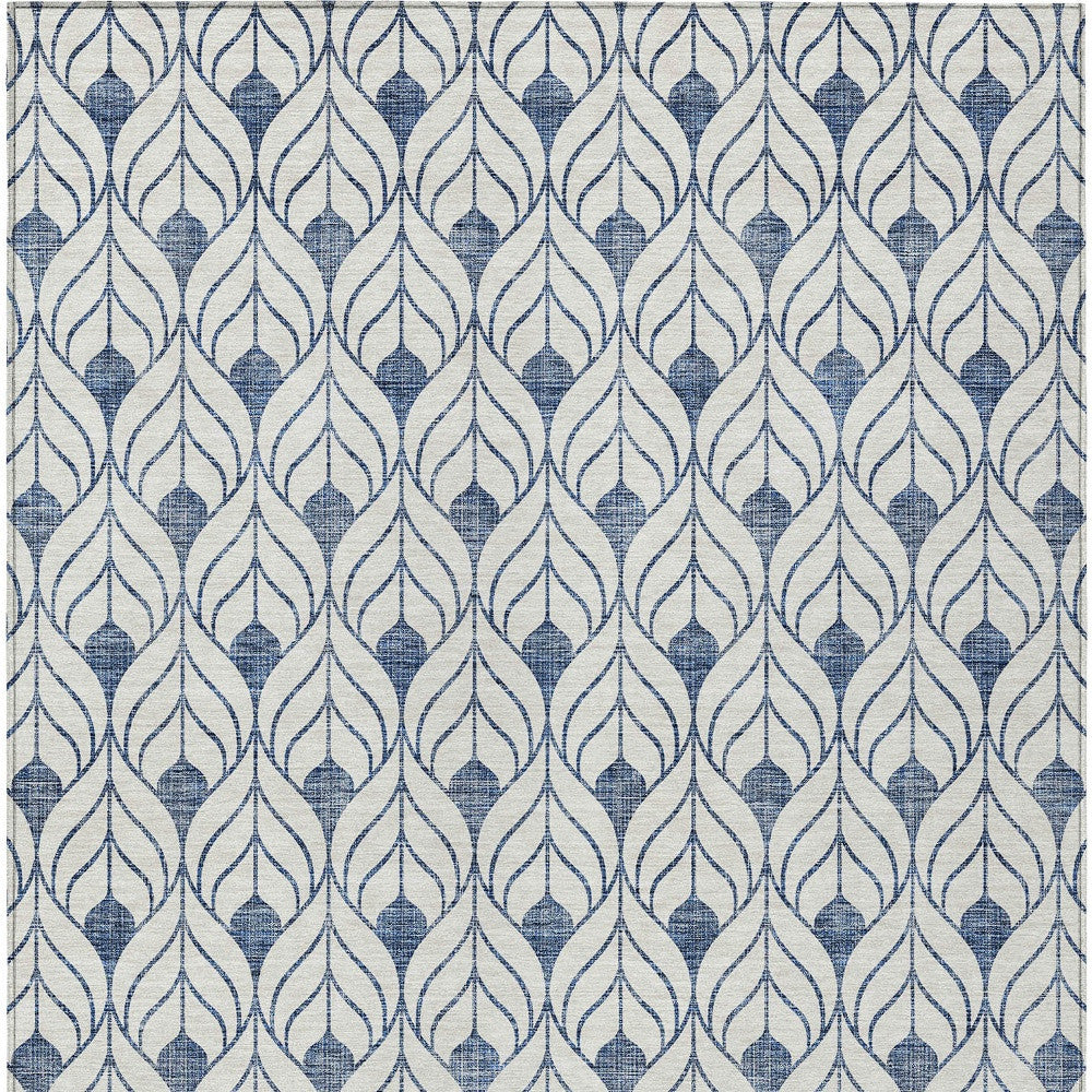 3' X 5' Blue And Ivory Geometric Washable Indoor Outdoor Area Rug
