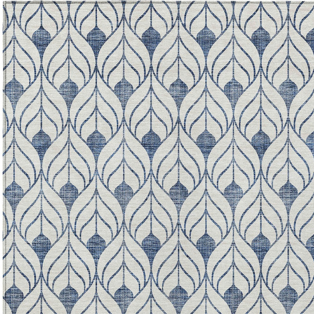 3' X 5' Blue And Ivory Geometric Washable Indoor Outdoor Area Rug