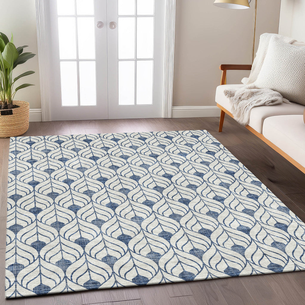 3' X 5' Blue And Ivory Geometric Washable Indoor Outdoor Area Rug
