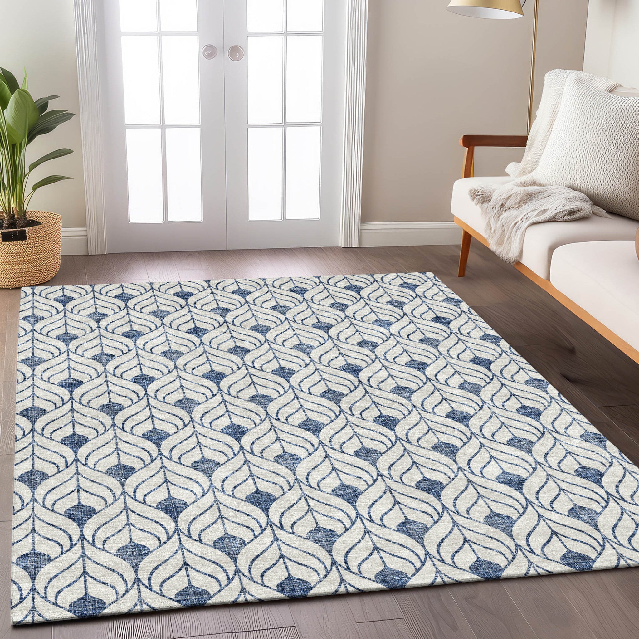 3' X 5' Blue And Ivory Geometric Washable Indoor Outdoor Area Rug