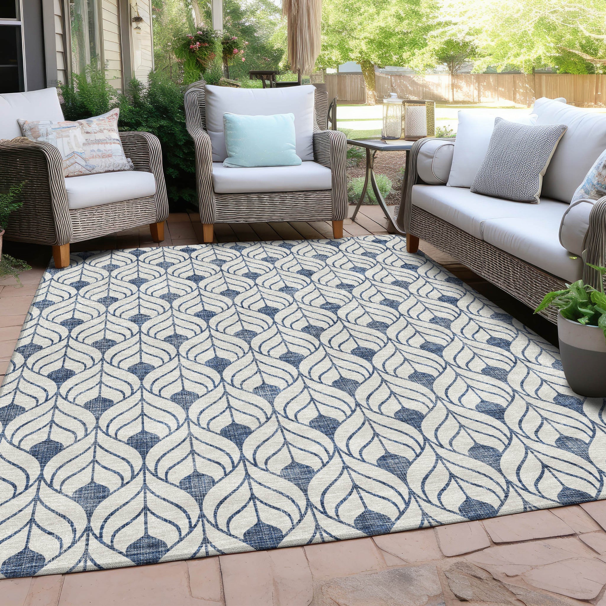 3' X 5' Blue And Ivory Geometric Washable Indoor Outdoor Area Rug