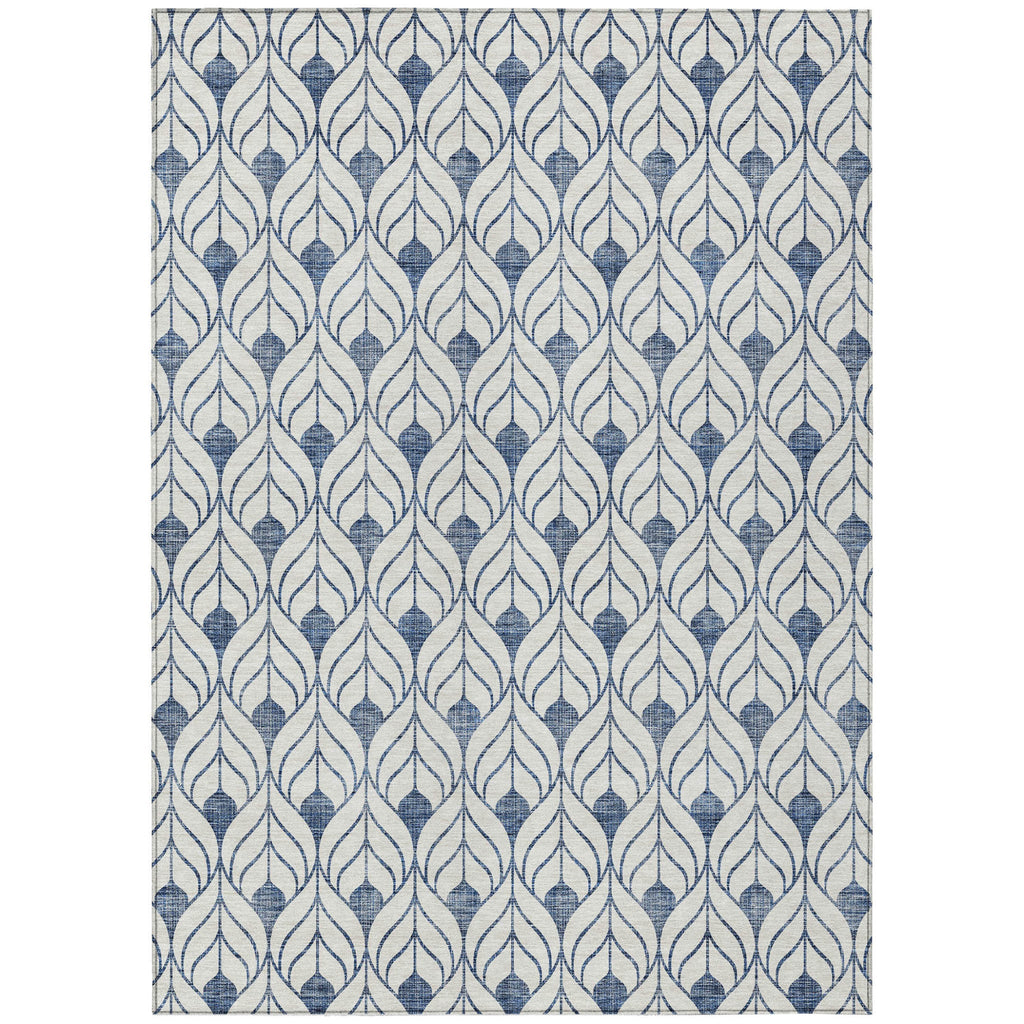 3' X 5' Blue And Ivory Geometric Washable Indoor Outdoor Area Rug