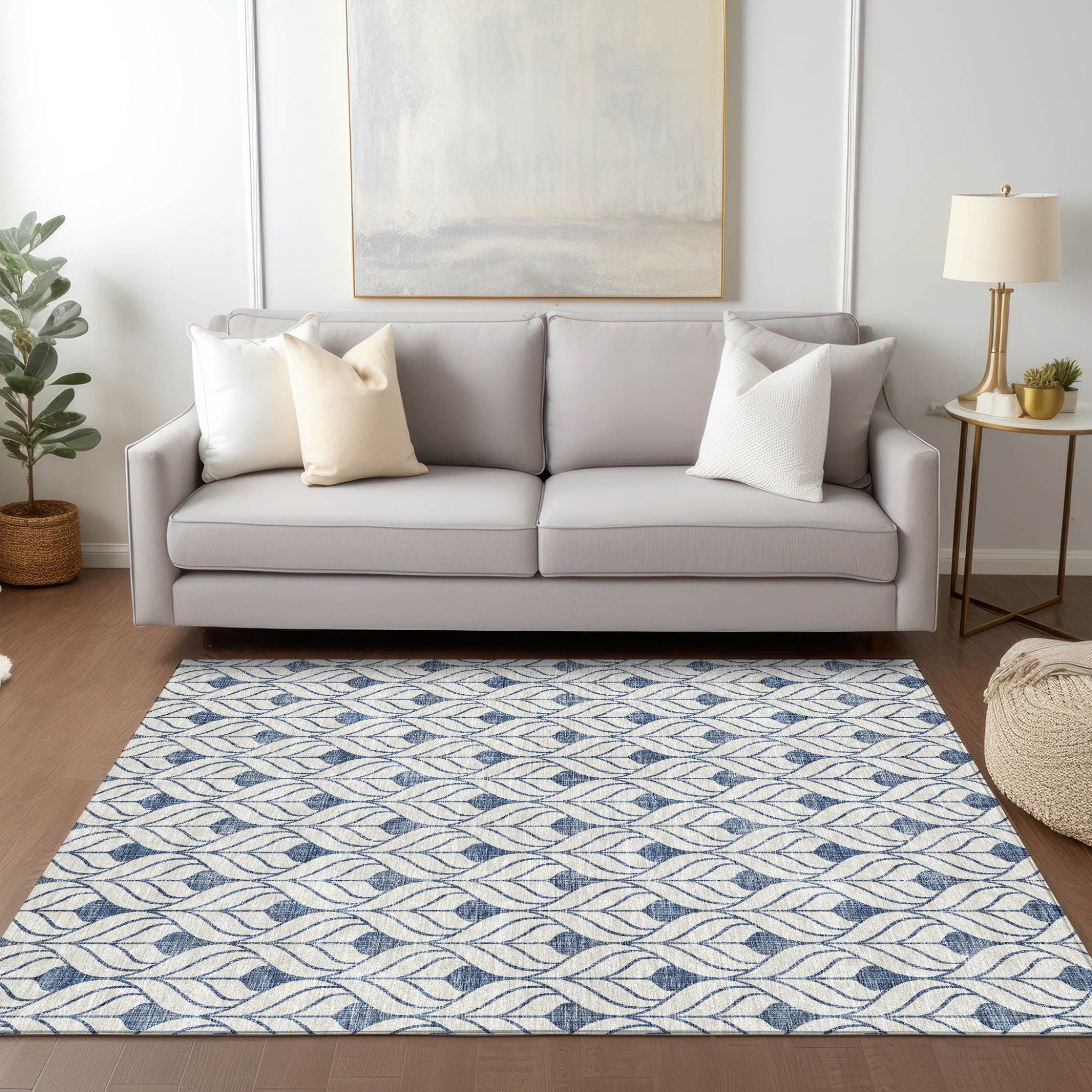 3' X 5' Blue And Ivory Geometric Washable Indoor Outdoor Area Rug