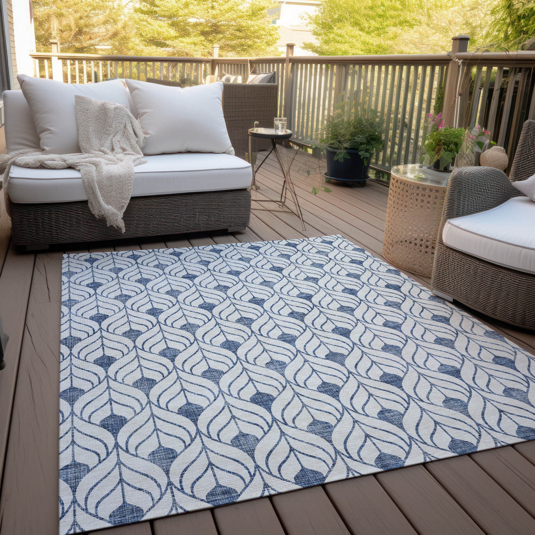 3' X 5' Blue And Ivory Geometric Washable Indoor Outdoor Area Rug