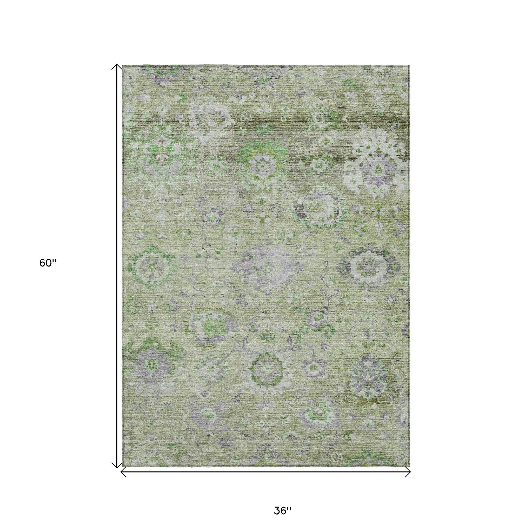 3' X 5' Mint Green And Gray Floral Washable Indoor Outdoor Area Rug