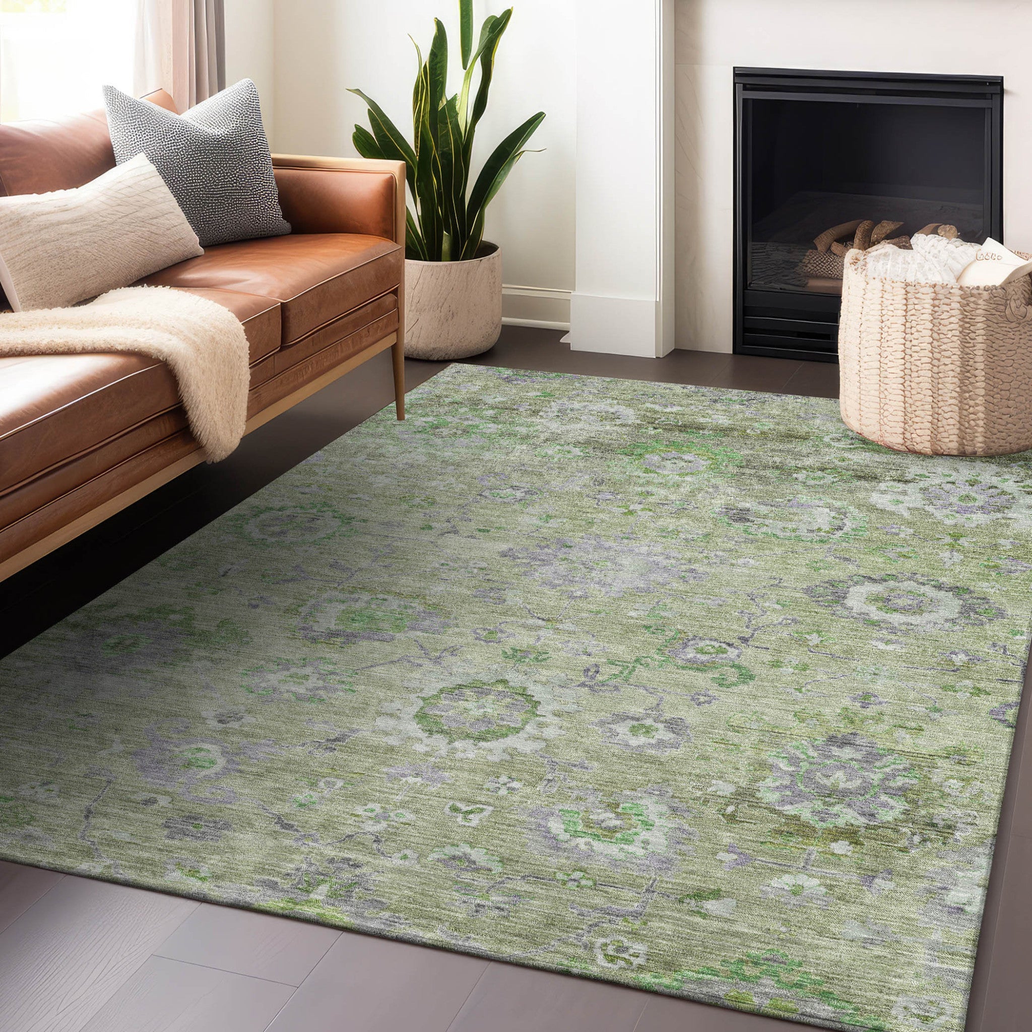 3' X 5' Mint Green And Gray Floral Washable Indoor Outdoor Area Rug