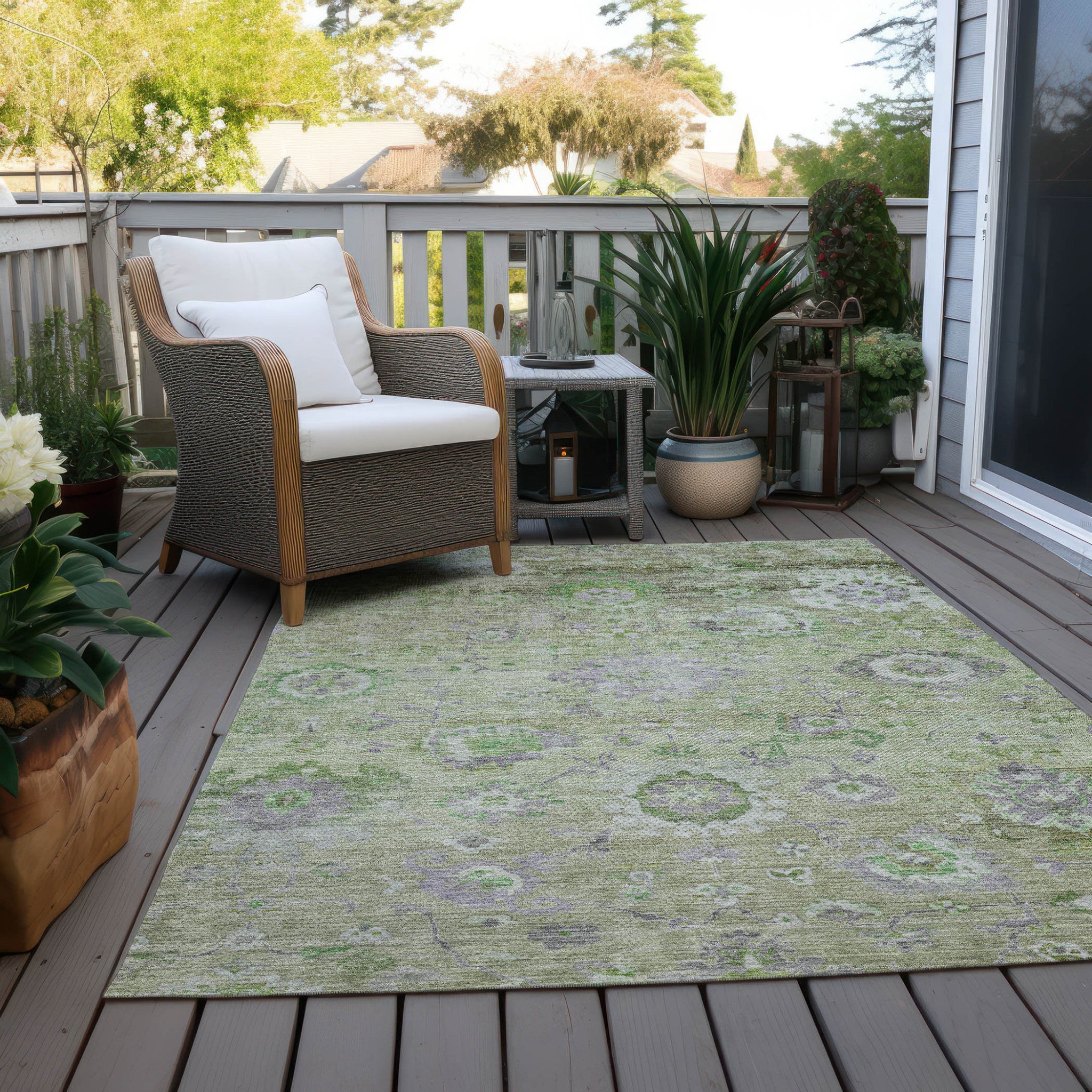 3' X 5' Mint Green And Gray Floral Washable Indoor Outdoor Area Rug