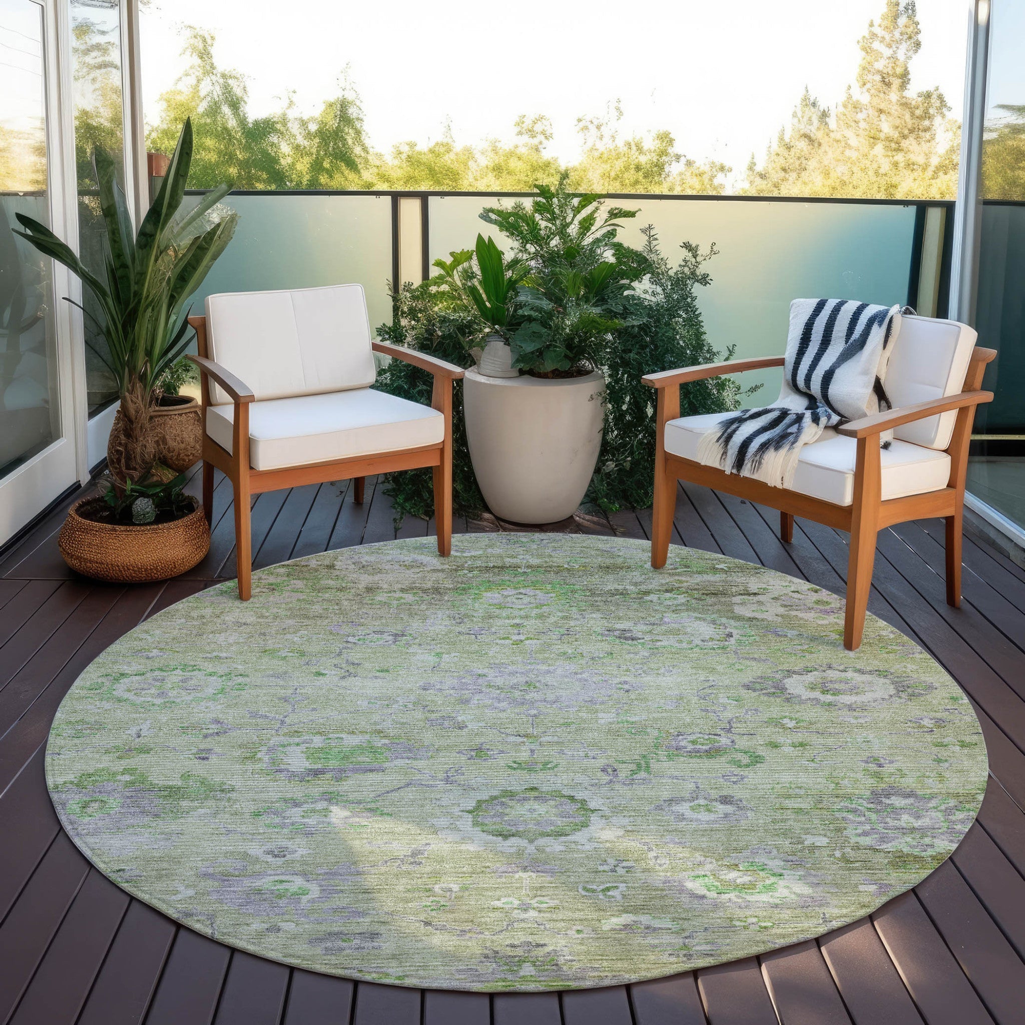 3' X 5' Mint Green And Gray Floral Washable Indoor Outdoor Area Rug