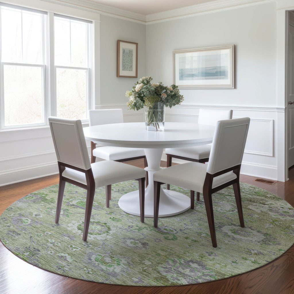 3' X 5' Mint Green And Gray Floral Washable Indoor Outdoor Area Rug