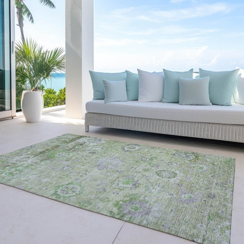 3' X 5' Mint Green And Gray Floral Washable Indoor Outdoor Area Rug
