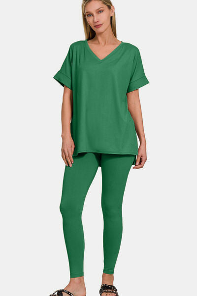 Zenana Full Size V-Neck Rolled Short Sleeve T-Shirt and Leggings