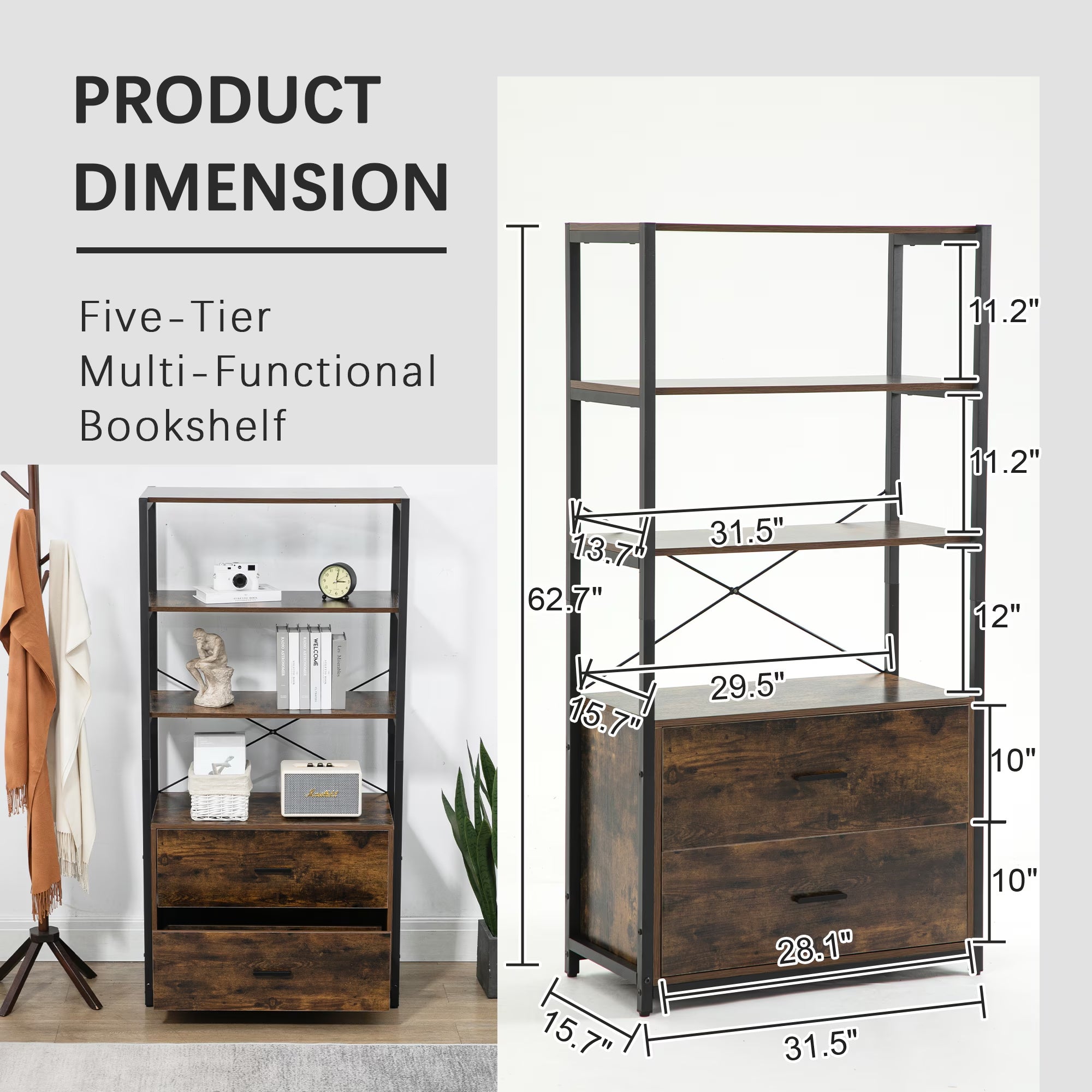 Industrial Bookcase With File Cabinet Drawers, 62.7 In Tall Bookshelf