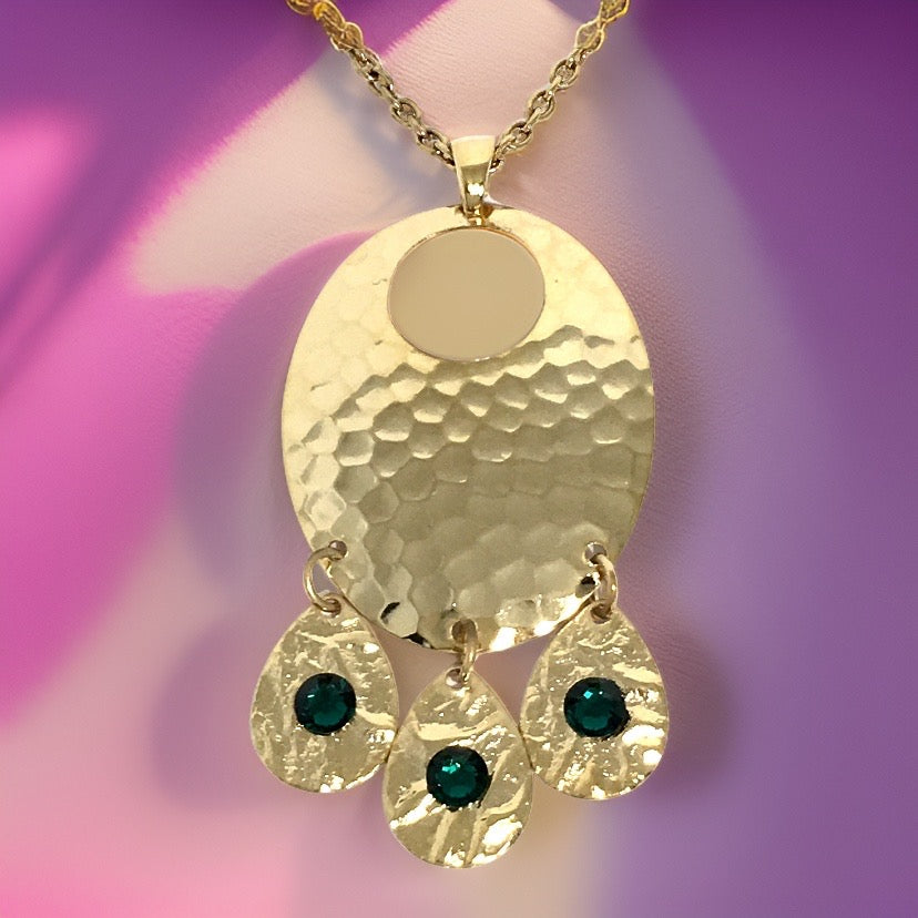 Hammered Chandelier Necklace with Emerald Crystals
