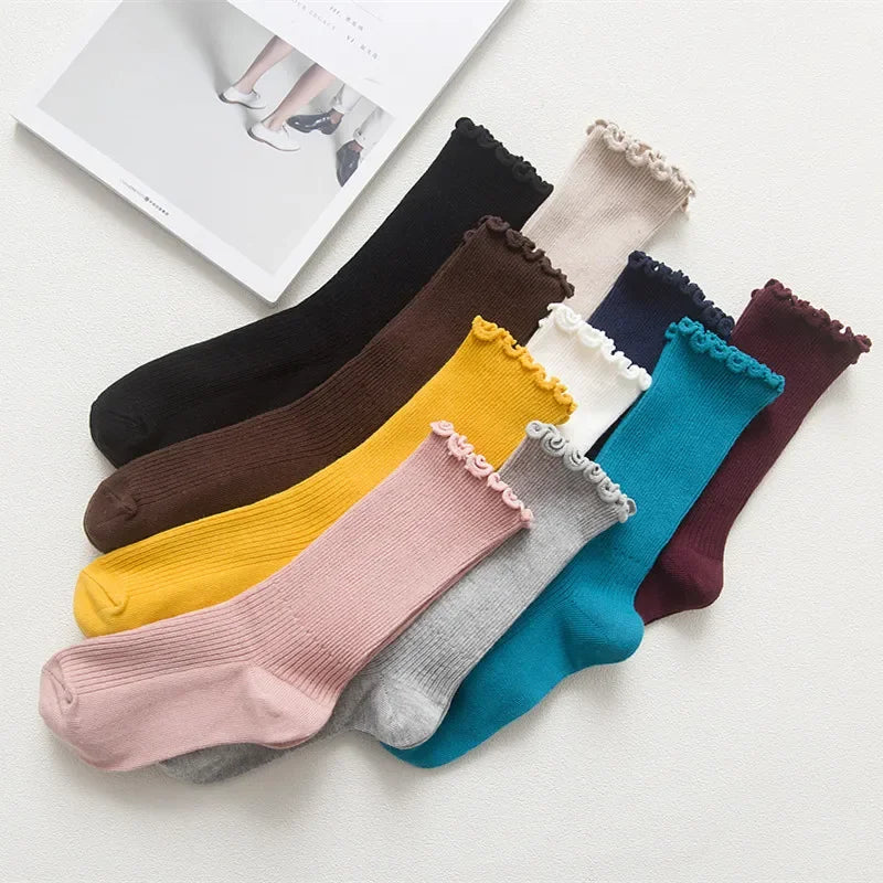 1 Pair Women's Lace Trim Ruffle Socks Cotton Stacked Socks Mid Calf