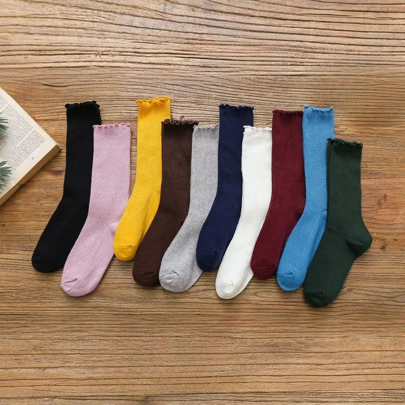 1 Pair Women's Lace Trim Ruffle Socks Cotton Stacked Socks Mid Calf
