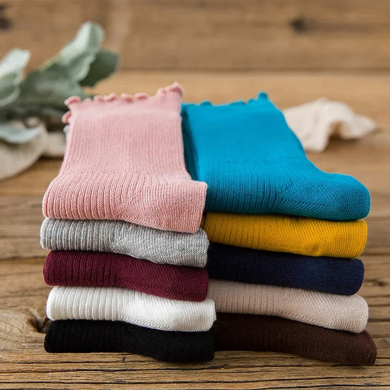 1 Pair Women's Lace Trim Ruffle Socks Cotton Stacked Socks Mid Calf
