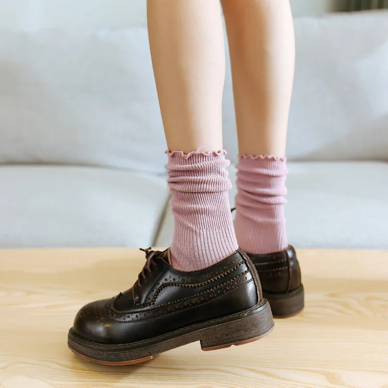 1 Pair Women's Lace Trim Ruffle Socks Cotton Stacked Socks Mid Calf