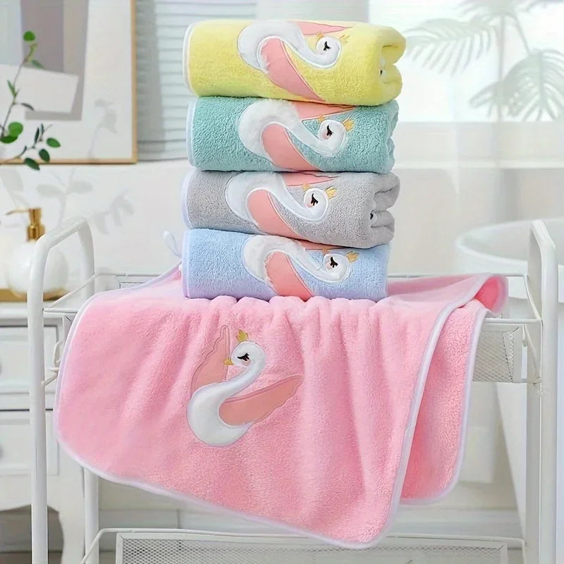1 cartoon swan children's bath towel, high-quality soft light beige