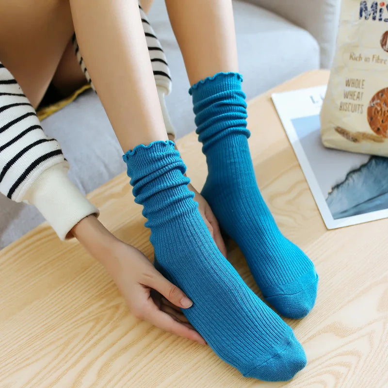 1 Pair Women's Lace Trim Ruffle Socks Cotton Stacked Socks Mid Calf