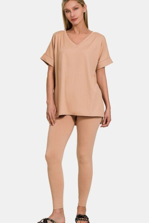 Zenana Full Size V-Neck Rolled Short Sleeve T-Shirt and Leggings