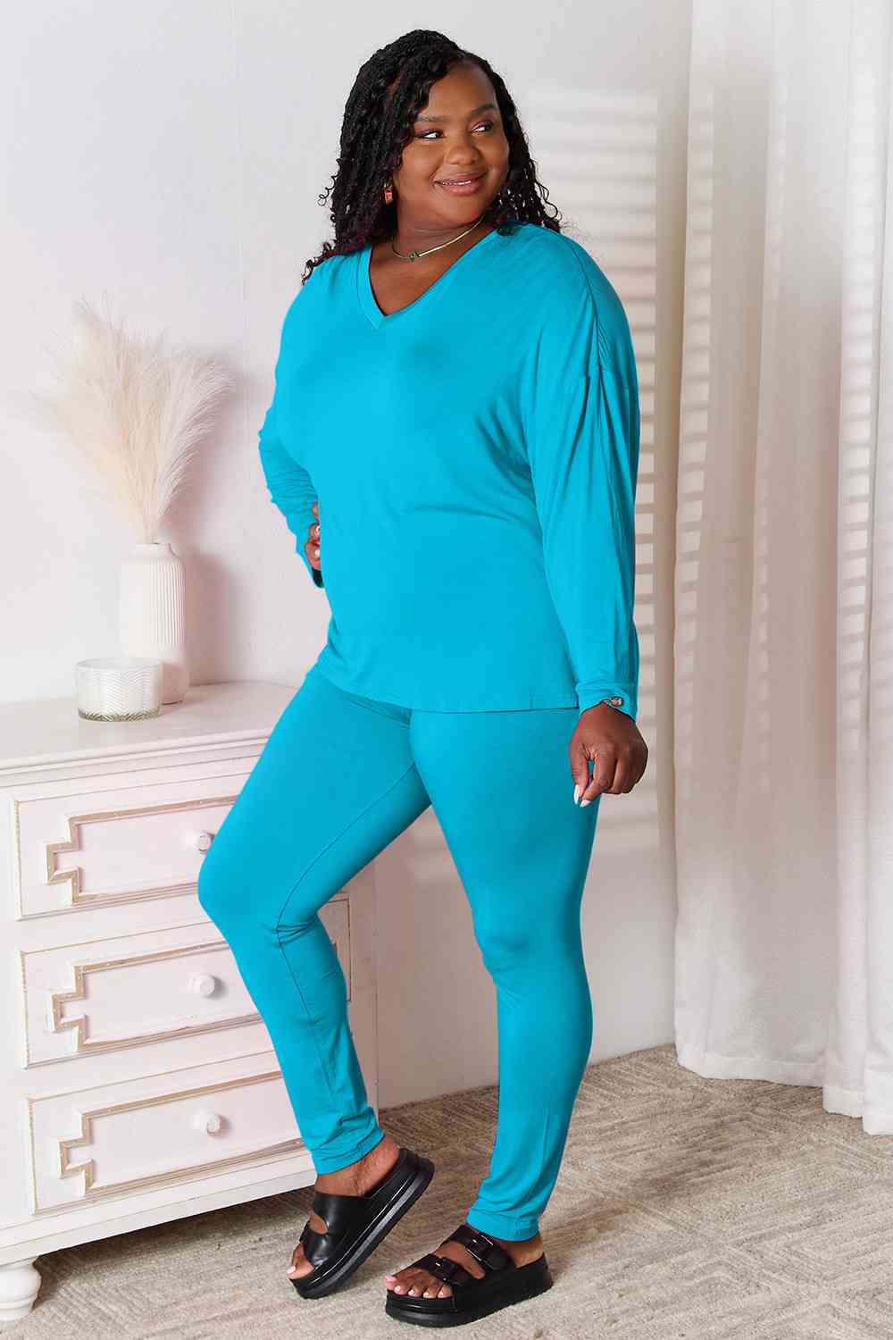 Basic Bae Full Size V-Neck Soft Rayon Long Sleeve Top and Pants Lounge