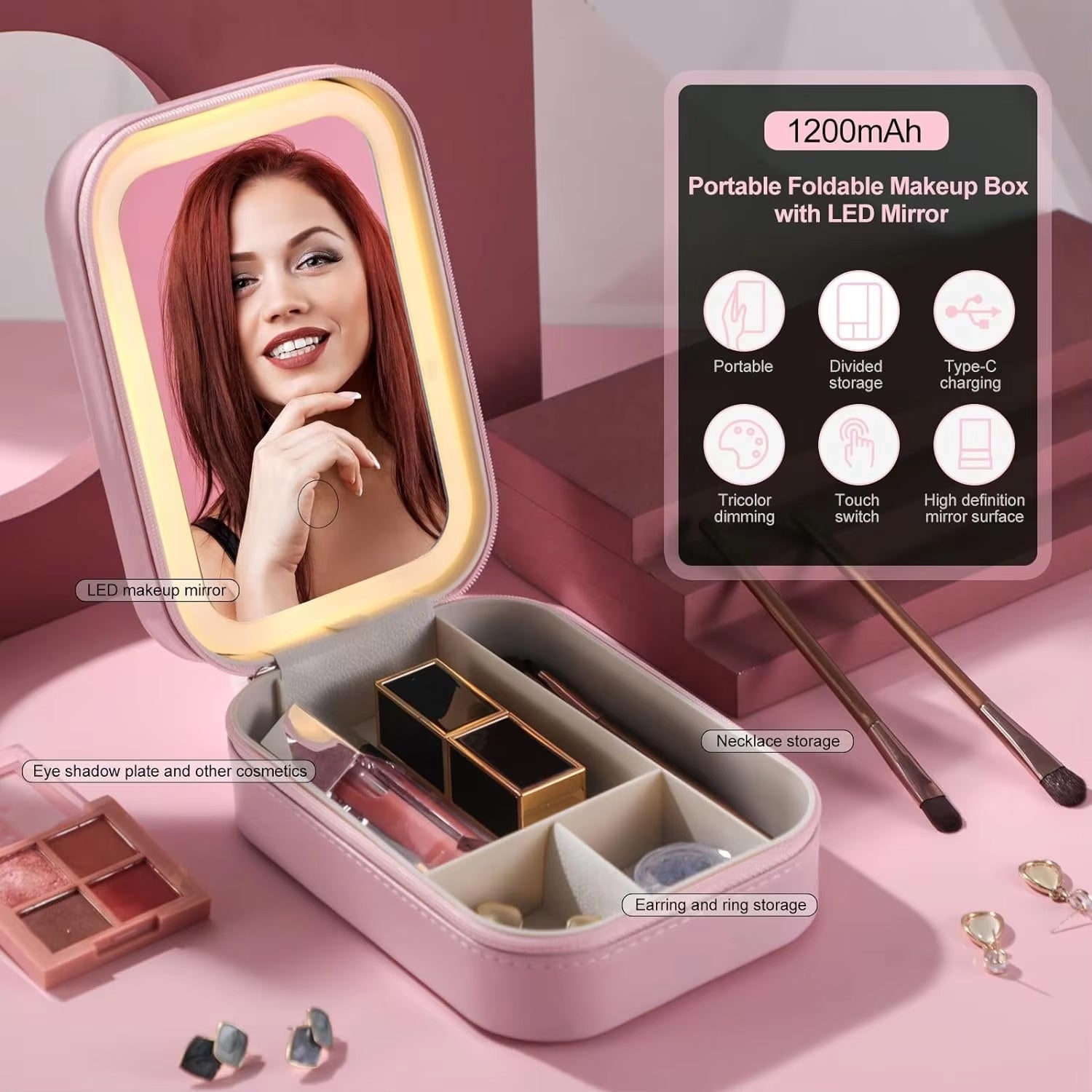 Makeup Brushes With Case Set Portable LED Mirror Makeup Jewelry