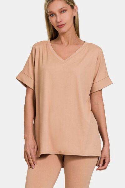 Zenana Full Size V-Neck Rolled Short Sleeve T-Shirt and Leggings