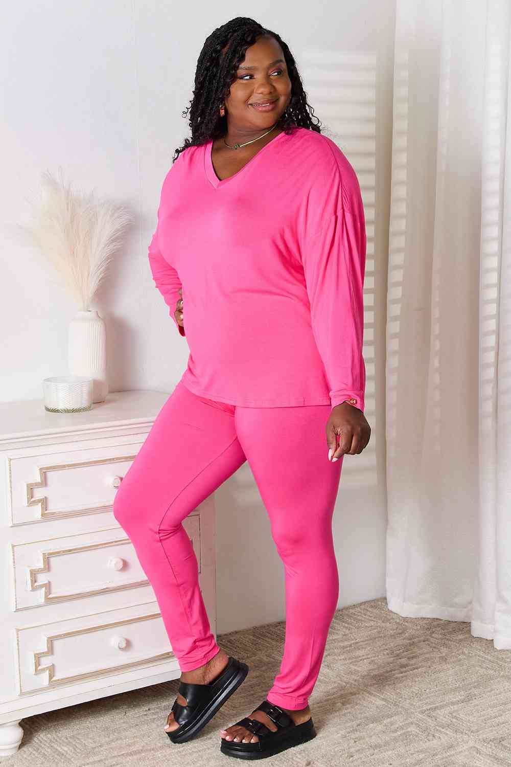 Basic Bae Full Size V-Neck Soft Rayon Long Sleeve Top and Pants Lounge