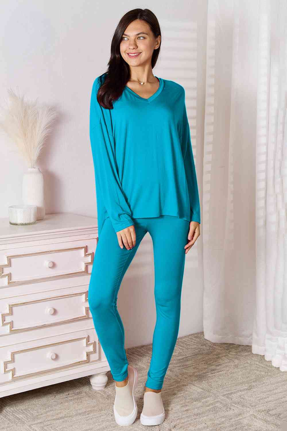 Basic Bae Full Size V-Neck Soft Rayon Long Sleeve Top and Pants Lounge